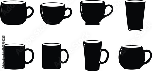 Black Coffee and Tea Mug Silhouette Vector Icons – Collection of Minimal Cup Designs for Hot Beverages, Cafe, and Branding Projects
