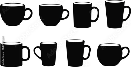 Black Coffee and Tea Mug Vector Icon Set – Minimal Silhouette Collection of Various Cup Shapes for Café Branding and Design