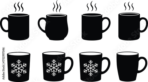 Black Coffee and Tea Mugs with Steam and Snowflake Designs, Winter Seasonal Vector Icons, Hot Beverage Silhouettes Illustration