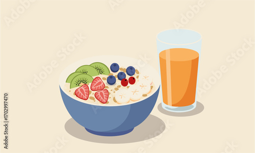 A vibrant illustration depicts a healthy breakfast of oatmeal topped with fresh fruit like kiwi, strawberries, and blueberries, served alongside a glass of refreshing orange juice.