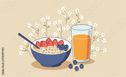 A vibrant vector illustration showcases a healthy breakfast scene with oatmeal, fresh berries, and a glass of orange juice amidst a floral backdrop, promoting wellness.