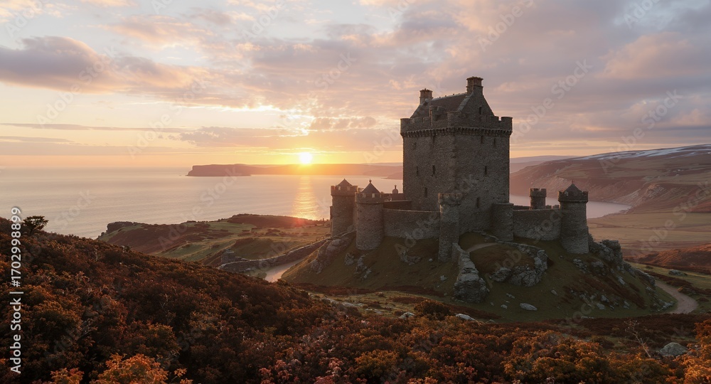 Obraz premium Sunset over Coastal Castle Ruins, Dramatic Ocean View, Historic Architecture, Golden Hour Photography