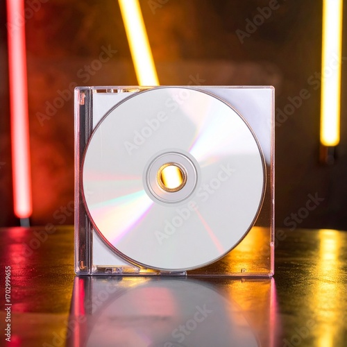 A reflective CD case illuminated by vibrant neon lighting , A CD case reflecting bright neon lights in a dark, artistic setting