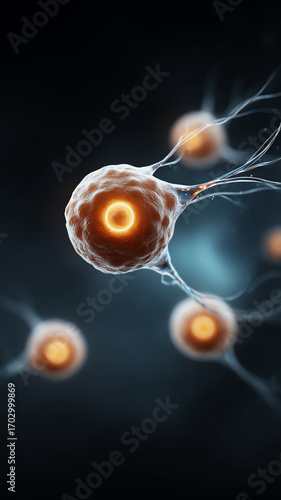 Microscopic cell neuron nucleus biology science glowing abstract macro medical laboratory scene of microscopic cell neuron nucleus biology science