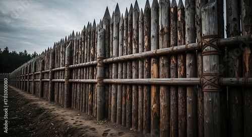 Imposing palisade barrier evoking historical fortifications, a defense line of the past