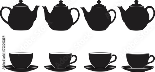 Black silhouette vector of vintage teapots and teacups with saucers, ideal for cafe design, kitchen art, and tea themes.Black silhouette vector of vintage 