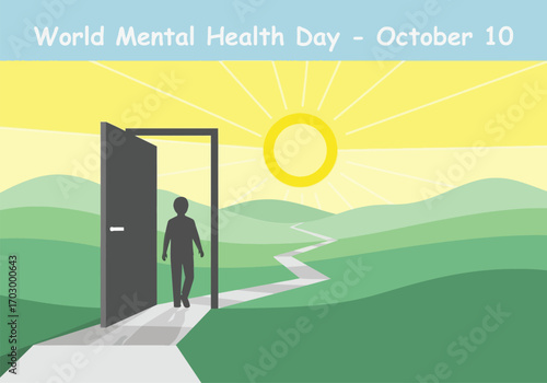 vector illustration of a person walking through an open door towards a sunny landscape for a World Mental Health Day concept of hope and recovery.