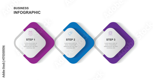Business infographic template vector element with 3 step and icons can be used for workflow layout, business information, presentation data and web graphic design 