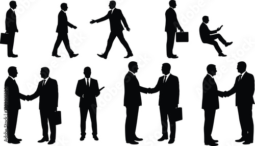 Businessmen silhouettes shaking hands, walking, standing, and communicating in office settings, representing professional corporate interaction, teamwork, partnership, and negotiation