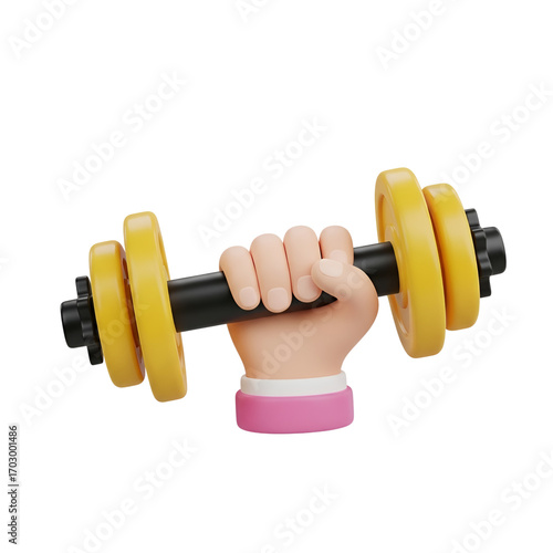 Strong hand gripping a yellow dumbbell fitness workout strength training object  - 3d render illustration