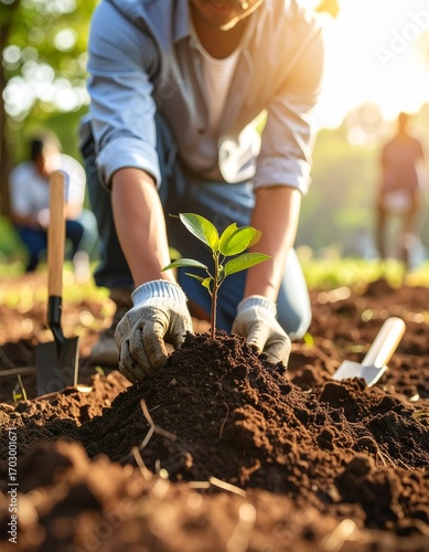 A person gently plants a young sapling in fertile soil with sunlight streaming through the trees, A volunteer carefully planting new tree to support a healthy ecosystem
