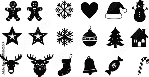 Christmas black vector icons collection including Santa, reindeer, stars, snowflakes, gifts, candy, tree, stocking, and decorations.