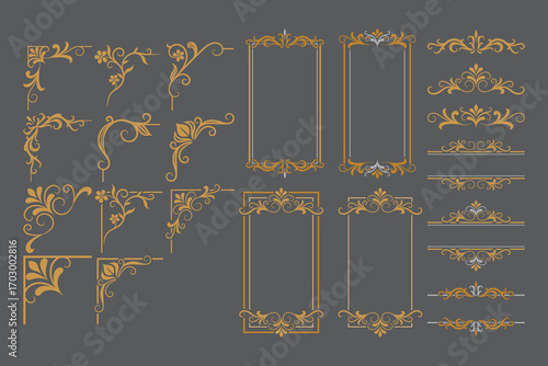 Set Of Golden Vintage ornament with border, frame, pattern, crown, corner, label and luxury elements, suitable for vintage design or wedding invitation card