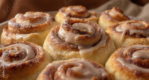Close-up of Delicious Cinnamon Rolls with Icing, Sweet Baked Goods, Food Photography