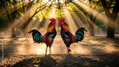 Majestic Roosters Facing Off in a Sunlit Woodland Clash