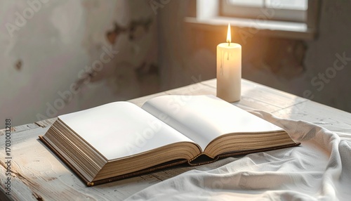 Wallpaper Mural Open Book and Candle on Rustic Table in Natural Light, Blank Pages for Text or Illustrations, Old World Charm Still Life with Candlelight and Book Torontodigital.ca