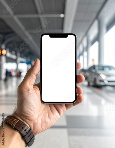 Close-Up of a Man's Hand Holding a Blank iPhone at an Airport Terminal, Using Smartphone with a White Screen for Mockup Display