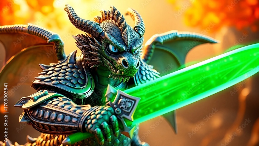 Fototapeta premium 3D humanoid dragon figure with green scales holding a sword