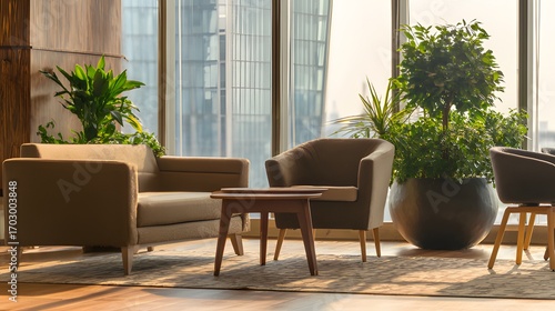 Modern office interior with contemporary furniture and potted plant, neutral tones and natural lighting.
