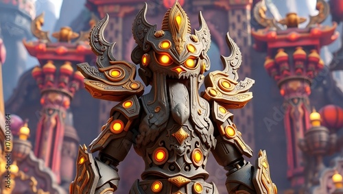 3D fantasy character in the form of a stone warrior covered in armor