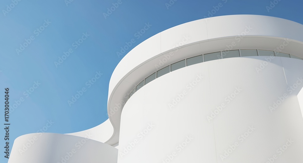 Fototapeta premium Curved White Modern Building Exterior Against Blue Sky, Architectural Design Element, Abstract Background