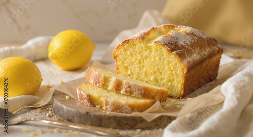 Delicious Lemon Loaf Cake, Sliced and Ready to Serve on Wooden Board