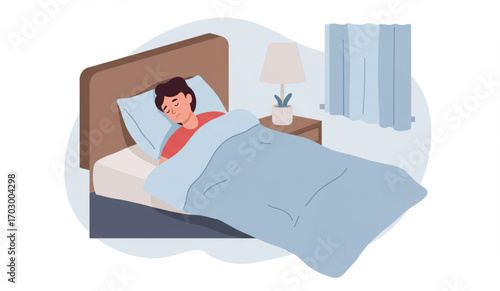A peaceful illustration depicts a young man sleeping soundly in his cozy bed, covered by a blue blanket in a comfortable bedroom setting.