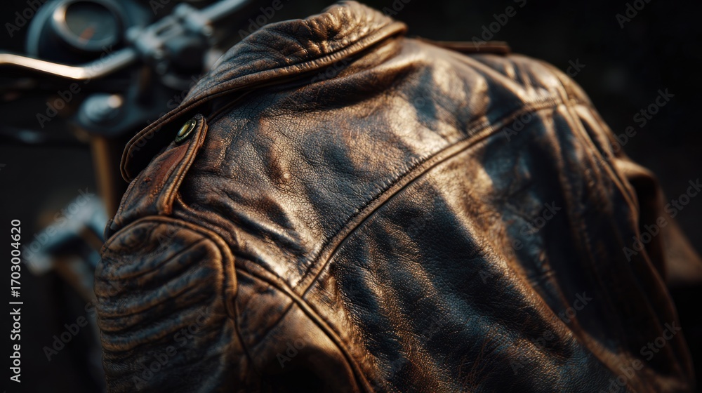 Fototapeta premium Close-up of a worn leather motorcycle jacket