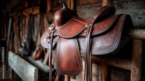 Brown leather saddle on rustic wooden rack