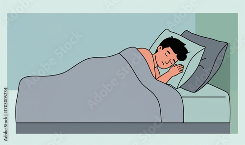 A cartoon illustration depicts a young man peacefully sleeping in a bed, covered by a blanket, and resting on a pillow, representing rest and relaxation.