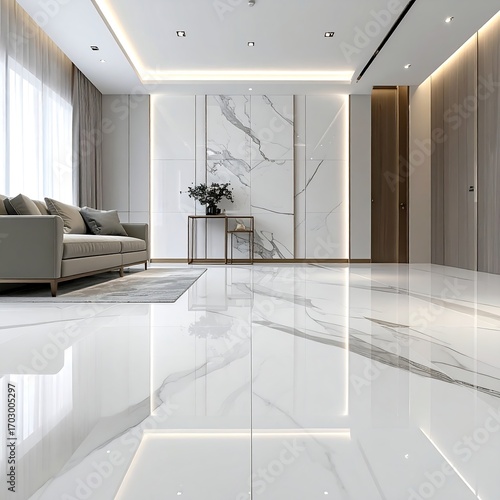 Modern, bright living room with marble