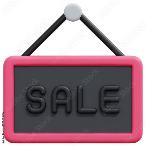 Prominent 3D rendered 'SALE' sign, elegantly designed in bold black text on a vibrant pink background, announcing attractive discounts