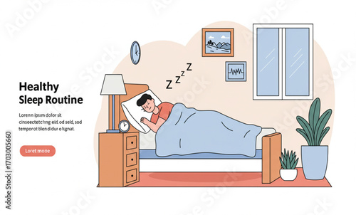Illustration shows a man sleeping peacefully in his bed, enjoying a healthy sleep routine in a cozy bedroom with a bedside table and decorations.