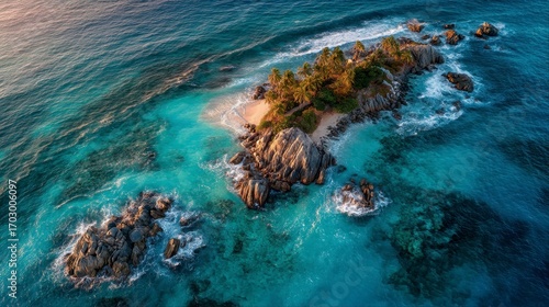 Bird-eye drone shot of tropical island surrounded by crystal waters, cinematic travel style,