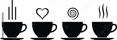 Minimal Black Coffee and Tea Cup Icons with Steam, Heart, and Swirl Symbols – Vector Silhouette Set for Café Branding Design