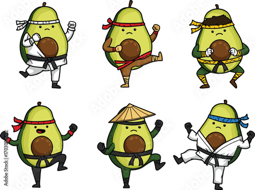 Cute cartoon avocados dressed as martial artists in different colored karate uniforms practicing karate kicks and punches, fun food illustration