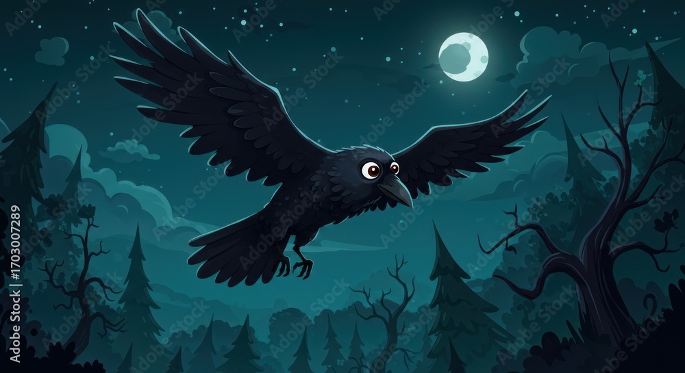 Fototapeta premium A wide-eyed cartoon crow takes flight through a tranquil, moonlit forest, a captivating vision of nocturnal nature in a whimsical, illustrated scene