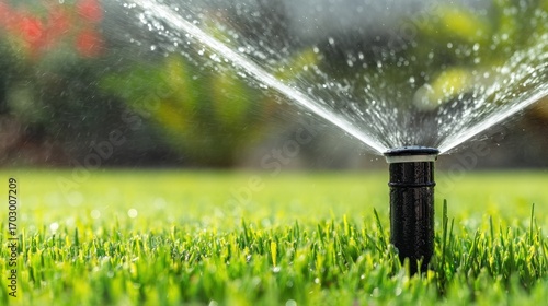 Close-up of a lawn sprinkler spraying water onto green grass