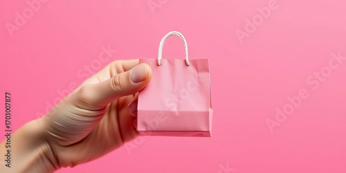Close-up of a miniature shopping bag held by a hand against a pink backdrop, joy, advertising