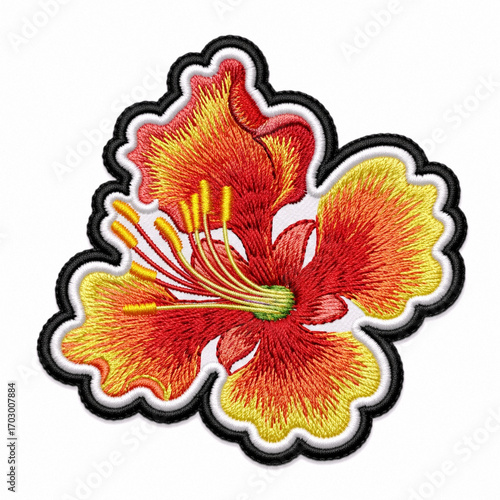 Red Yellow Hibiscus Flower Embroidery Sticker