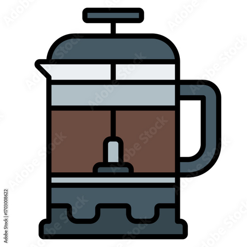 French press icon. Plunger pot symbol. Café brewing and hot drink collection. Filled Line Icon