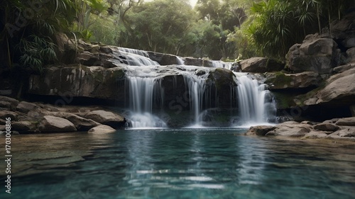 Tranquil waterfall cascading into turquoise waters with lush green forest and natural beauty