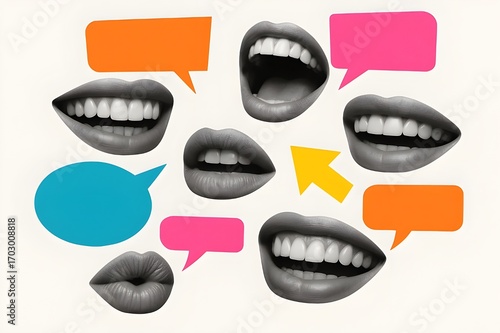 Collage of black and white mouths with colorful speech bubbles in pop art style