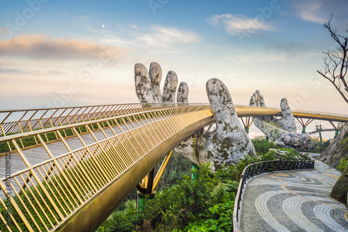 Famous tourist attraction - Golden bridge at the top of the Ba Na Hills, Vietnam