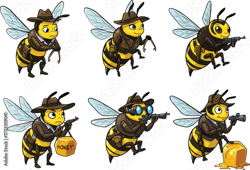 Cartoon bees dressed as soldiers with weapons, commando honey bees vector illustration, tactical insect characters, funny military bee artwork