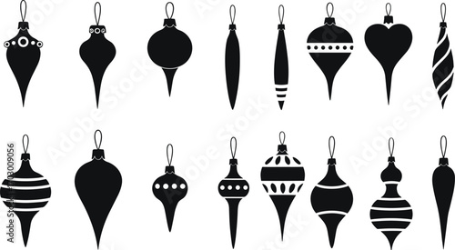 Set of diverse Christmas ornaments vector silhouettes with elegant shapes and patterns perfect for festive holiday decoration designs.