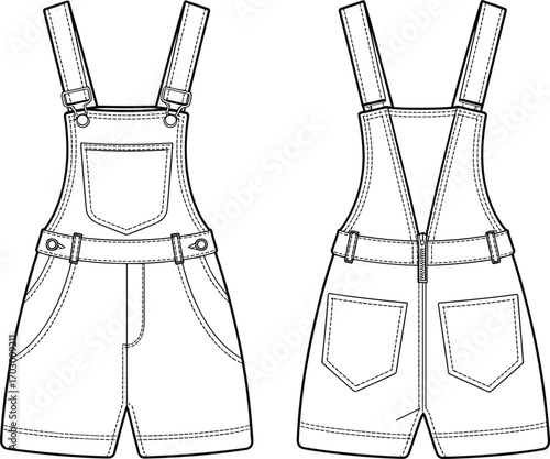 Denim dungaree shorts flat sketch, women fashion template, casual overall design, vector clothing illustration, stylish apparel drawing, technical garment outline