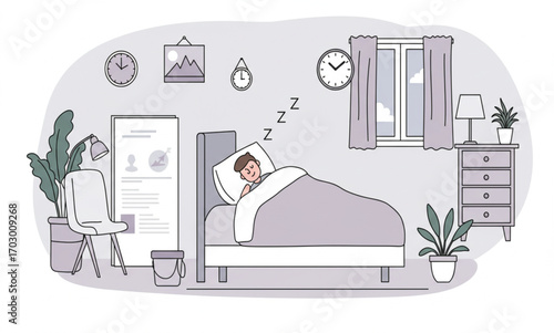 An illustration depicts a person sleeping soundly in a cozy bedroom, surrounded by furniture and decorative elements, evoking feelings of tranquility and rest.