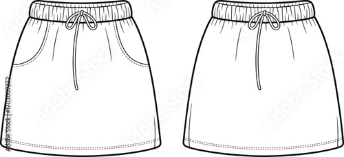 Women’s casual skirt flat fashion sketch front and back view, drawstring waistband skirt with side pockets, minimal activewear clothing design