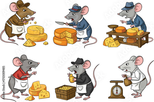 Cartoon mice selling cheese, funny mouse shopkeepers with dairy products, animal market scene, vector illustration, rodent characters in shop
